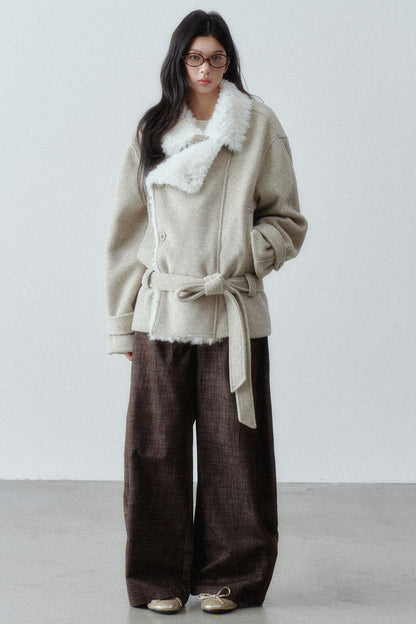 Plush Lapel Woolen Tie-Up Jacket