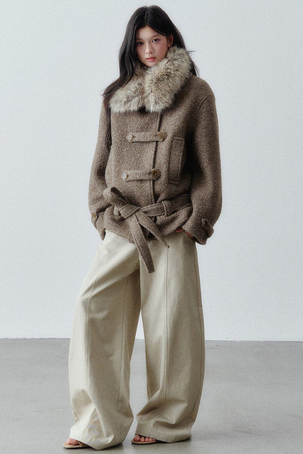 Napoleon Buckle Wool Fur Collar Jacket