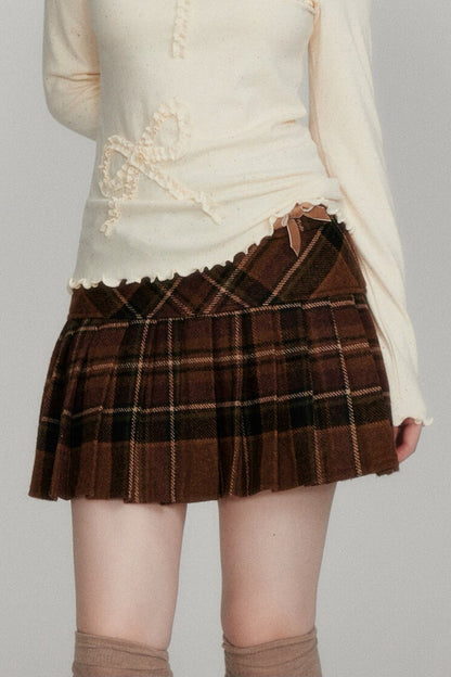 Wool Plaid Pleated Half Skirt