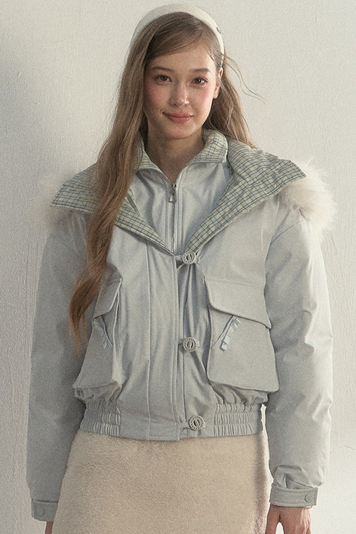 Patchwork Plaid Fur Collar Down Jacket