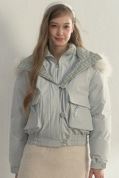 Patchwork Plaid Fur Collar Down Jacket