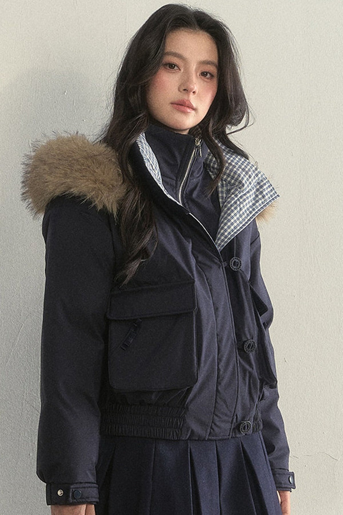 Patchwork Plaid Fur Collar Down Jacket