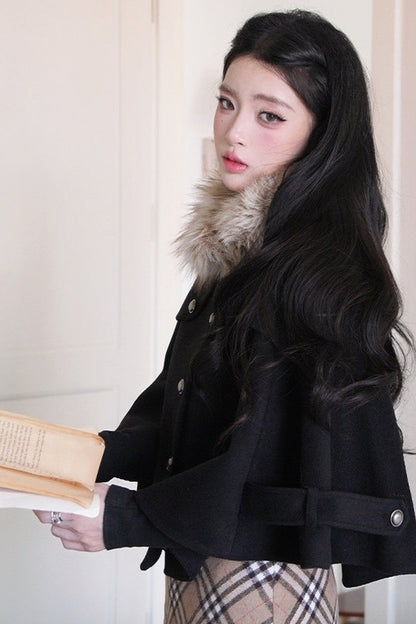 싱글 브레스티드 울 케이프 상의와 스커트 세트