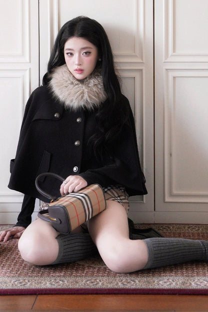 싱글 브레스티드 울 케이프 상의와 스커트 세트