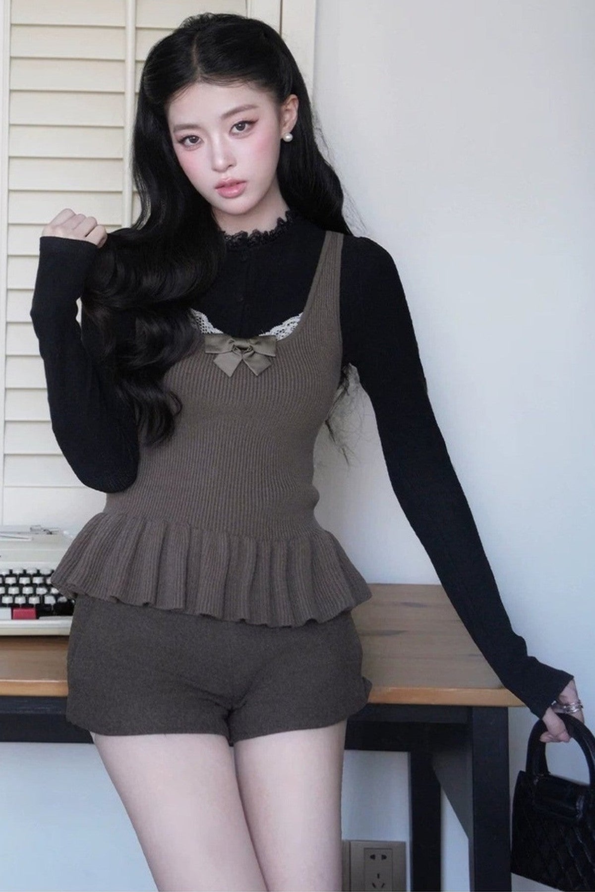 Square Neck Bow Lace Patchwork Sweater