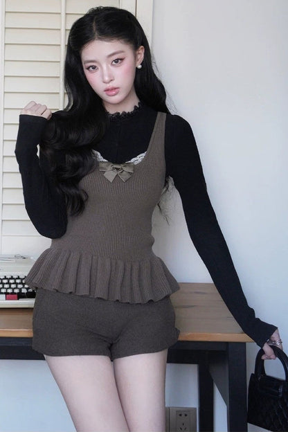 Square Neck Bow Lace Patchwork Sweater