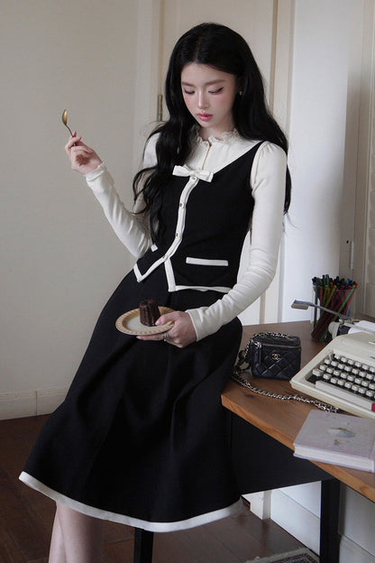 French Style Color-Block Bowknot Vest and Skirt Set-Up