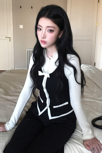French Style Color-Block Bowknot Vest and Skirt Set-Up