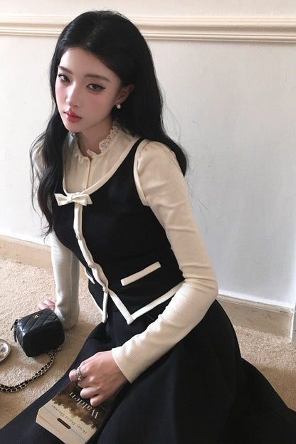 French Style Color-Block Bowknot Vest and Skirt Set-Up