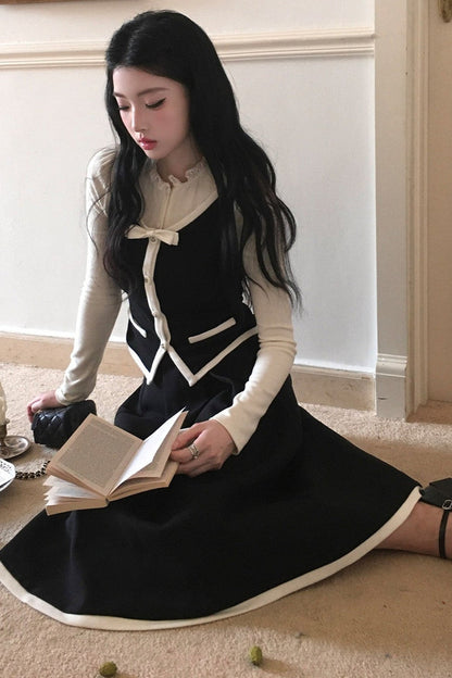 French Style Color-Block Bowknot Vest and Skirt Set-Up