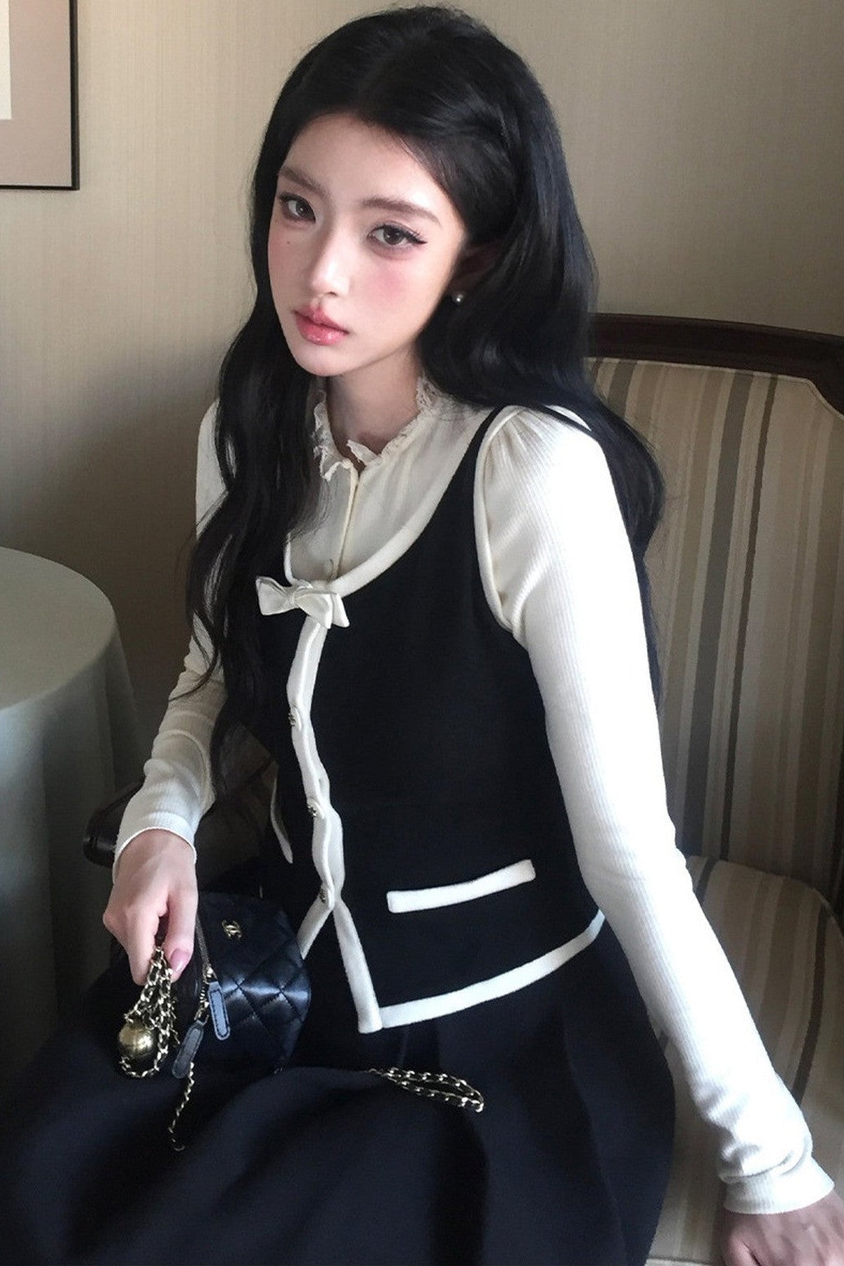 French Style Color-Block Bowknot Vest and Skirt Set-Up