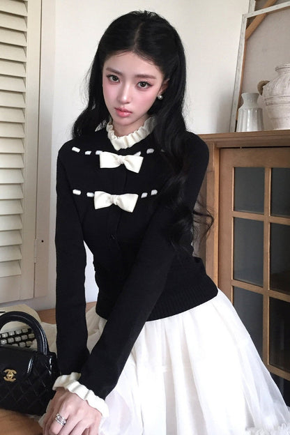 Bow Lace Collar Knitted Cardigan and Skirt Set-Up