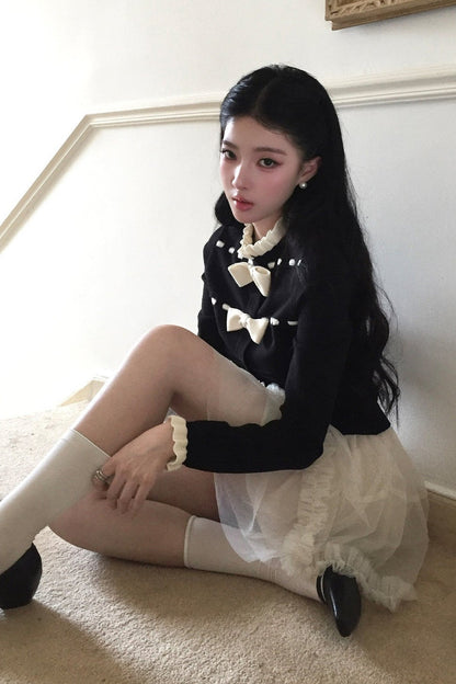 Bow Lace Collar Knitted Cardigan and Skirt Set-Up