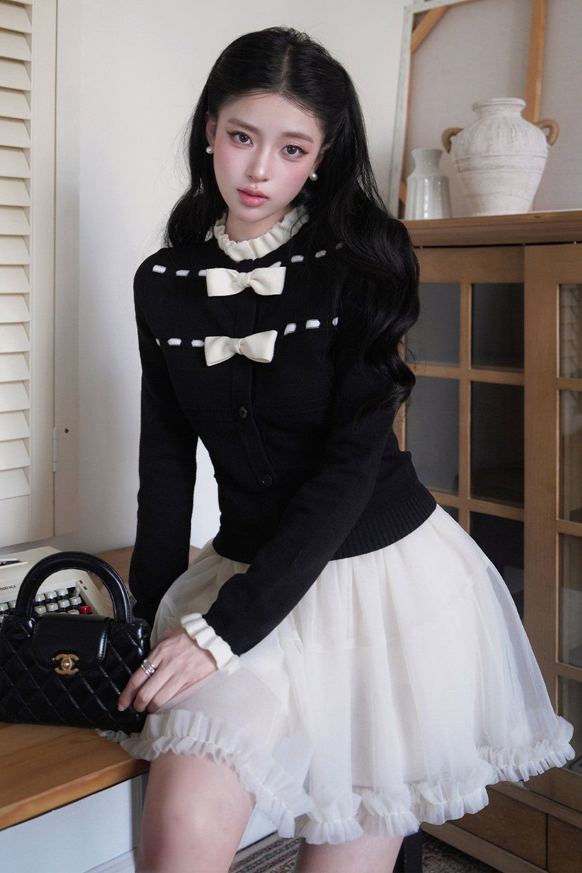 Bow Lace Collar Knitted Cardigan and Skirt Set-Up