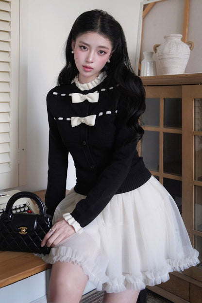 Bow Lace Collar Knitted Cardigan and Skirt Set-Up