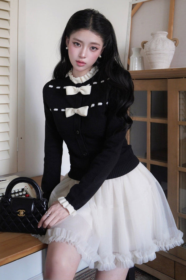 Bow Lace Collar Knitted Cardigan and Skirt Set-Up