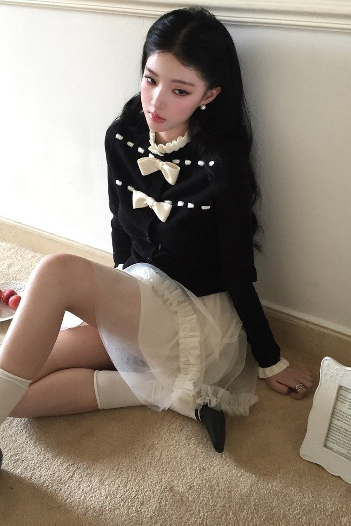 Bow Lace Collar Knitted Cardigan and Skirt Set-Up