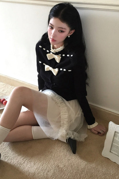 Bow Lace Collar Knitted Cardigan and Skirt Set-Up