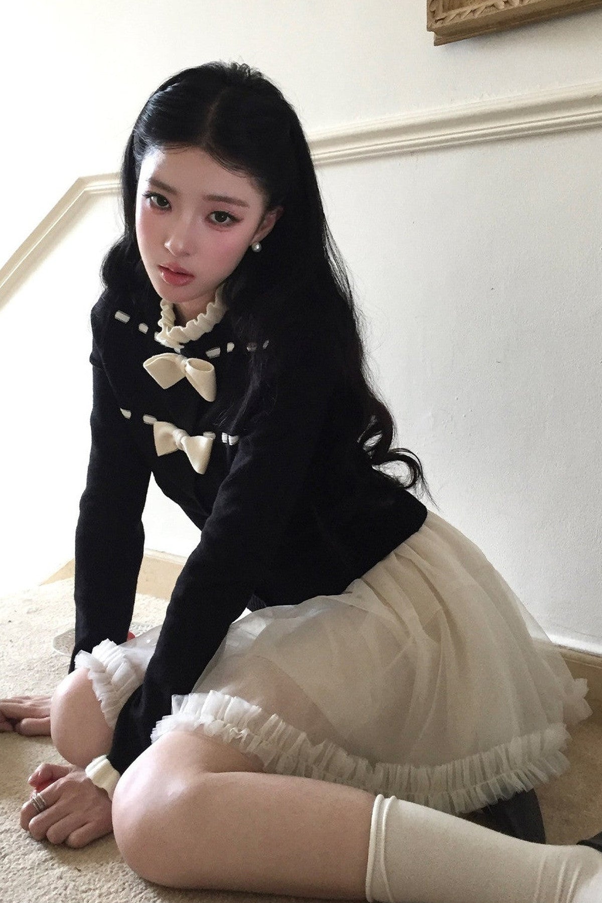 Bow Lace Collar Knitted Cardigan and Skirt Set-Up