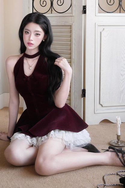 Deep Red Halter Neck Puffy Dress