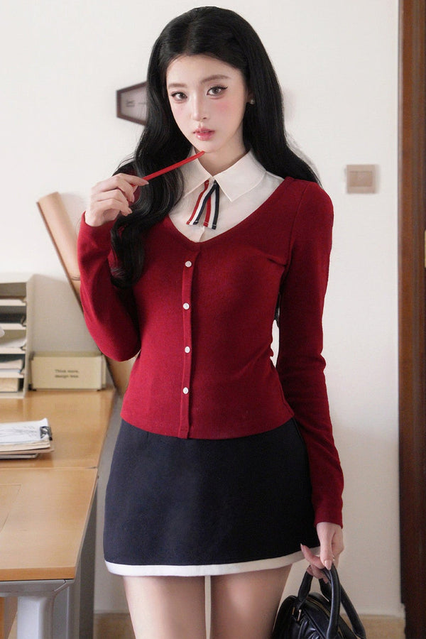 Layered-Look Turn-Down Collar Knit Top