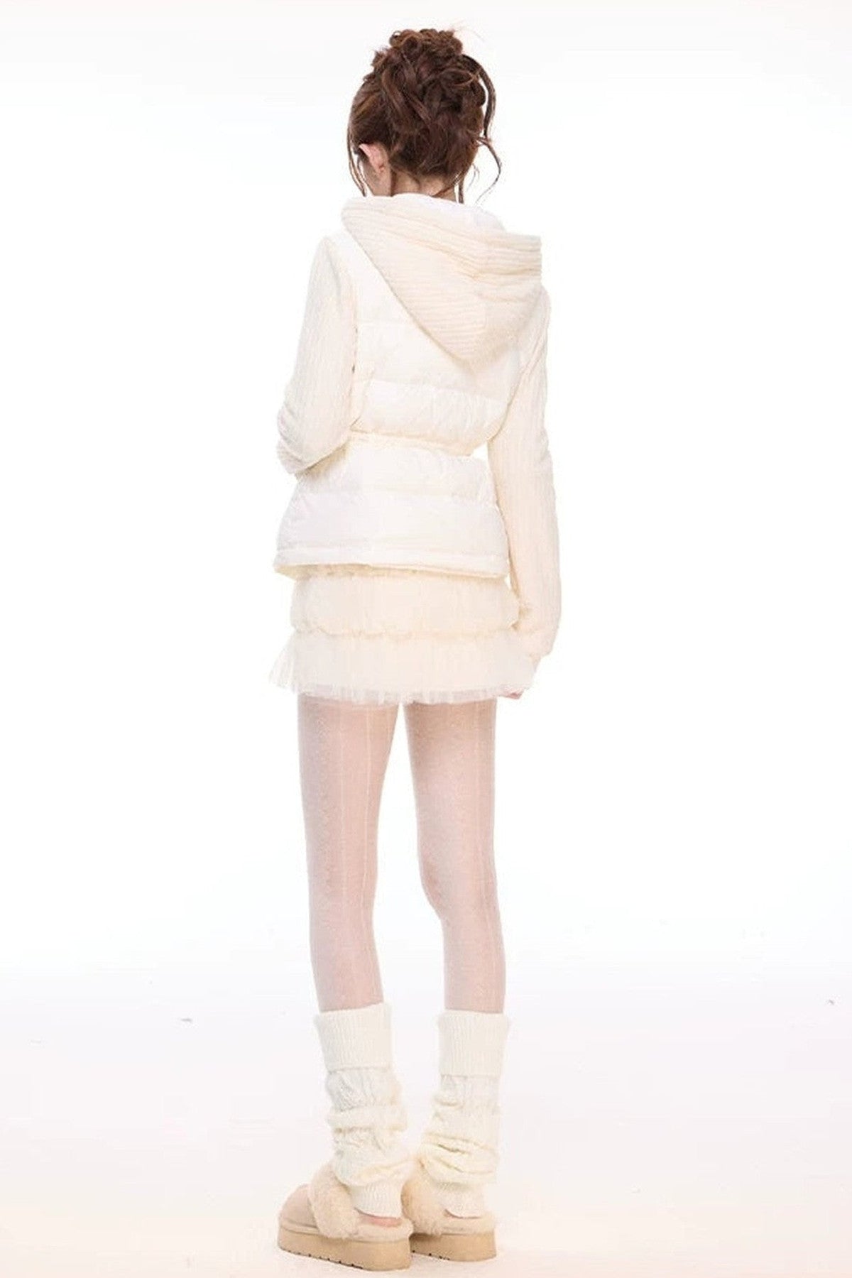Hooded Drawstring Down Jacket and Mesh Woolen Skirt Set-Up