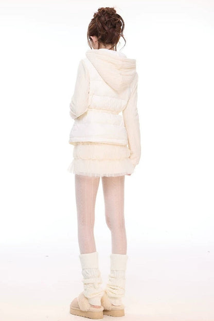 Hooded Drawstring Down Jacket and Mesh Woolen Skirt Set-Up