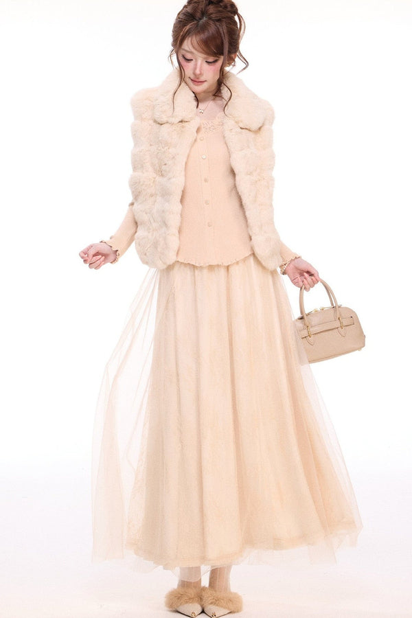 Rabbit Fur Vest and Knitted Sweater Cake Skirt Set-Up