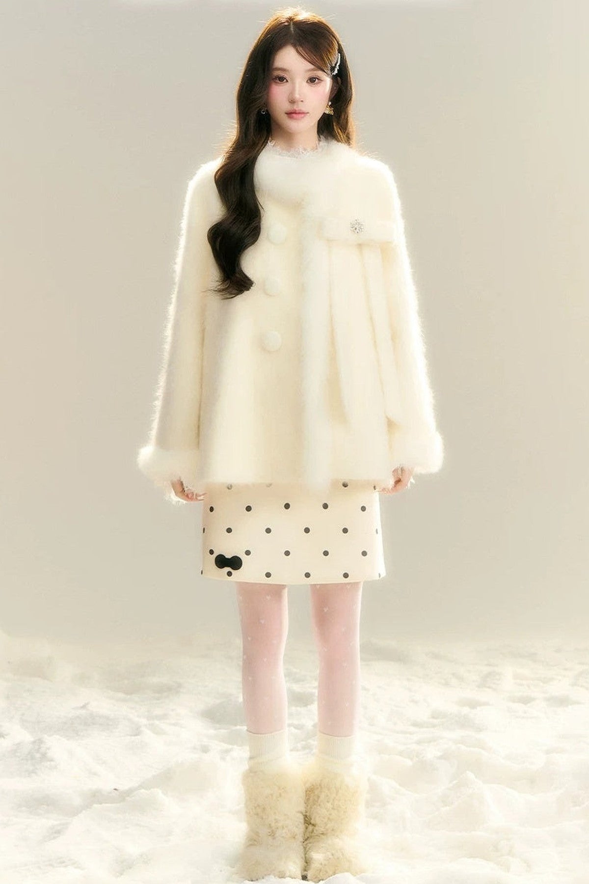 High-Waisted Drapey Polka Dot Woolen Skirt