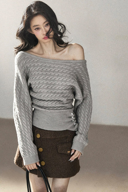Off-Shoulder Cable Knit Sweater