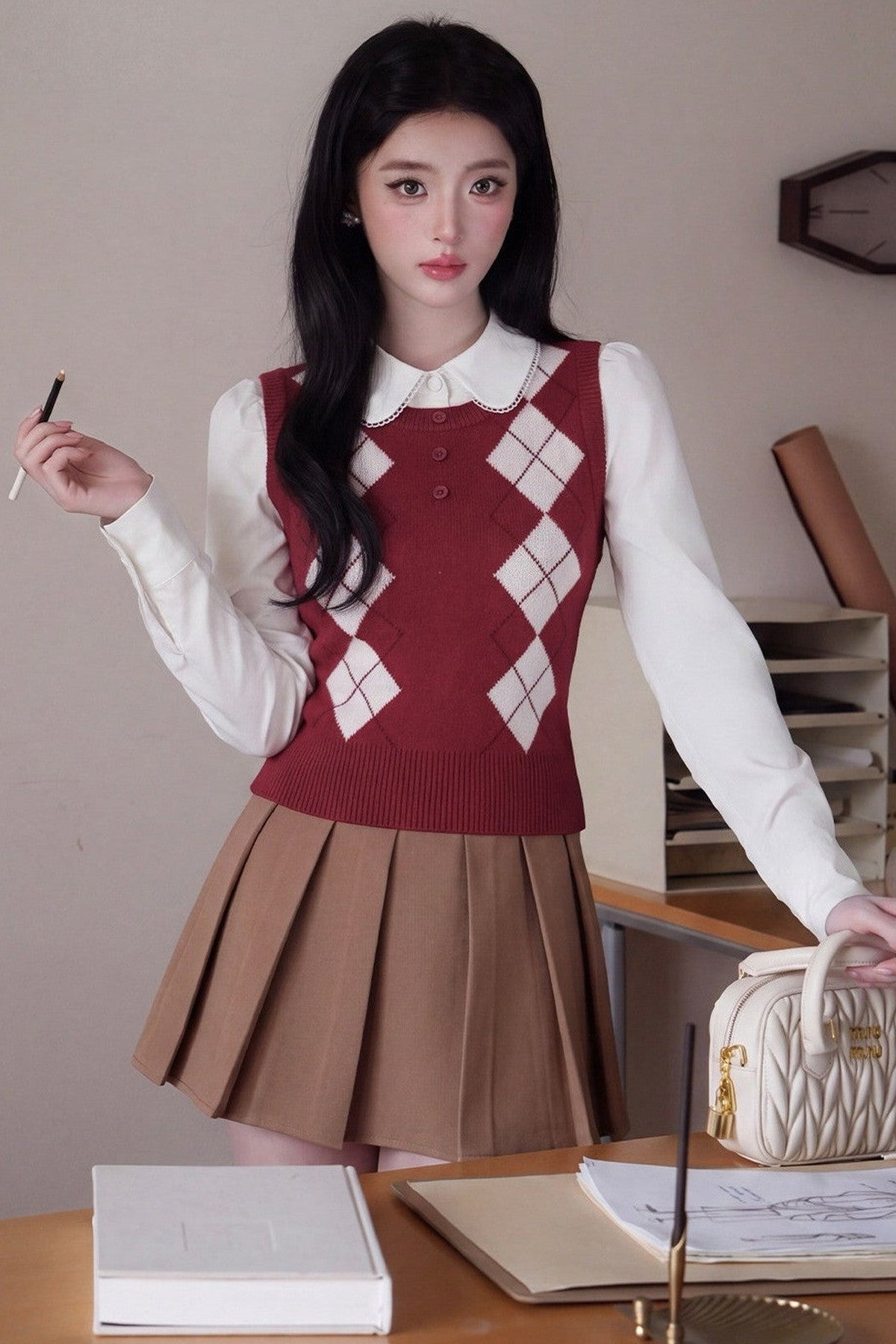 Blouse preppy à manches longues et col Claudine