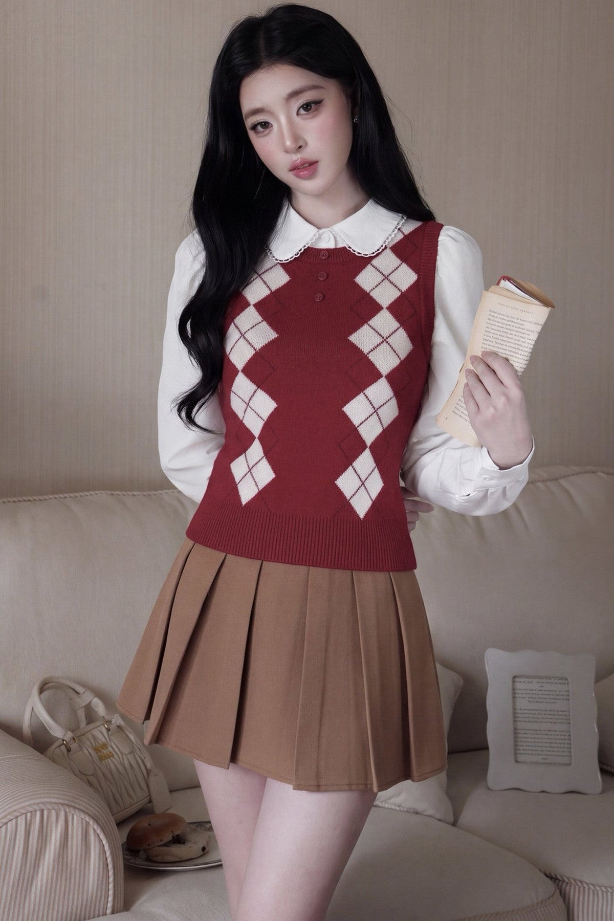 Blouse preppy à manches longues et col Claudine