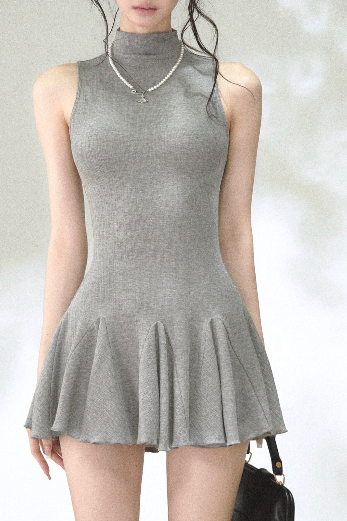 Vertical Striped Diamond Knit Cardigan and Ruffled Dress Set-Up