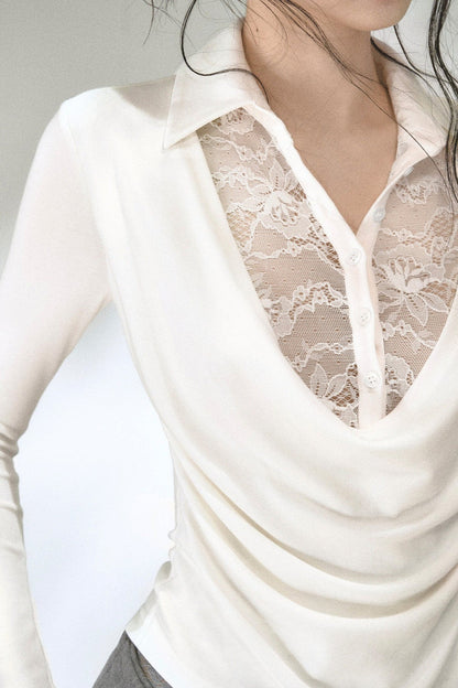 Lace Drape Collar Long-Sleeve Knit Top