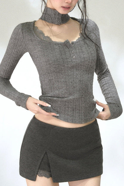 Kabelstrick-T-Shirt mit integriertem Halswärmer