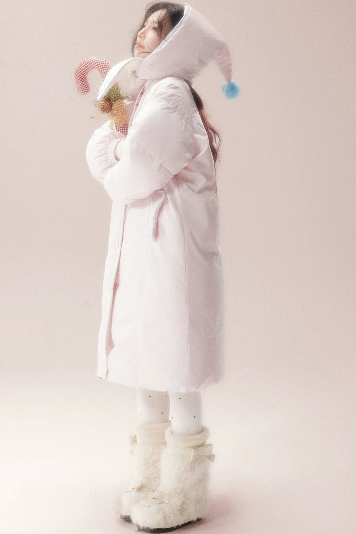 Cute Fur Ball Scarf Hat Long White Duck Down Jacket