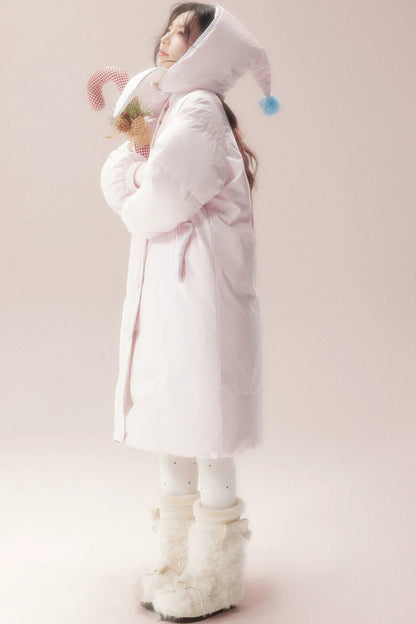 Cute Fur Ball Scarf Hat Long White Duck Down Jacket
