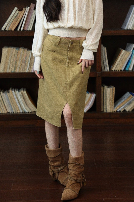 Khaki Mid-Length Front Slit Skirt