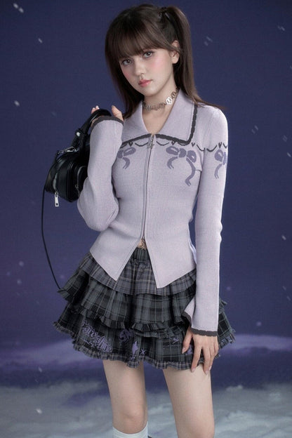 Milk Purple Bow Jacquard Turn-Down Collar Cardigan Top