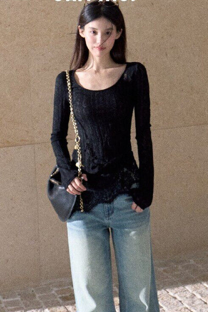 Jacquard Spliced Lace Knit Top