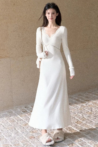 A-Line Lace Splicing Knit Long-Sleeve Dress