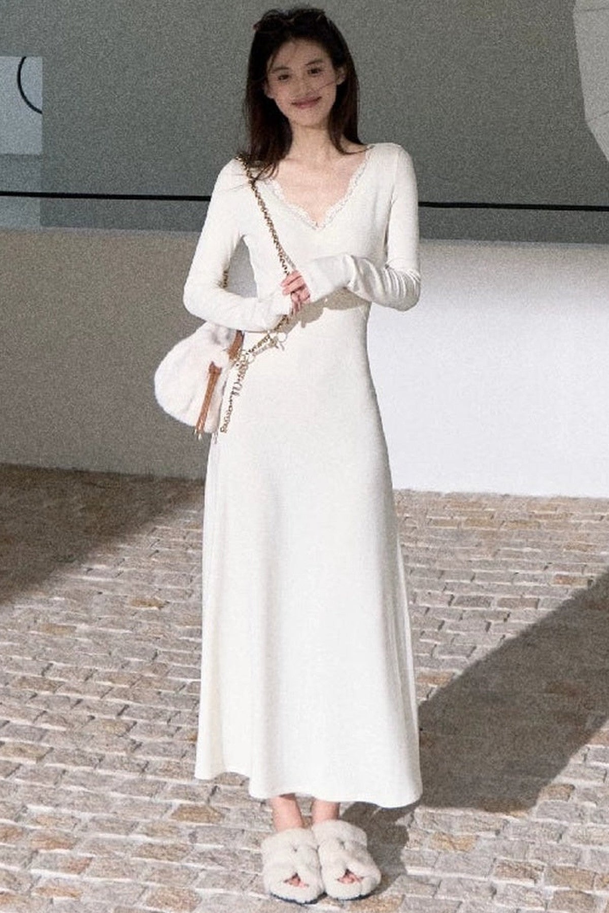 A-Line Lace Splicing Knit Long-Sleeve Dress