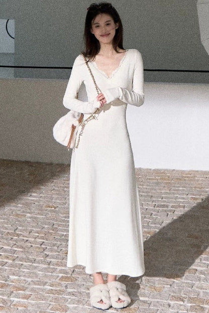 A-Line Lace Splicing Knit Long-Sleeve Dress