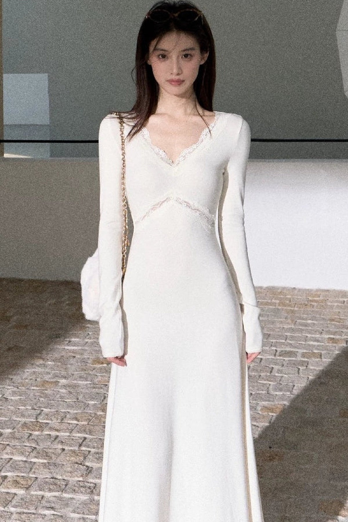 A-Line Lace Splicing Knit Long-Sleeve Dress
