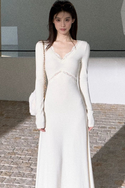 A-Line Lace Splicing Knit Long-Sleeve Dress