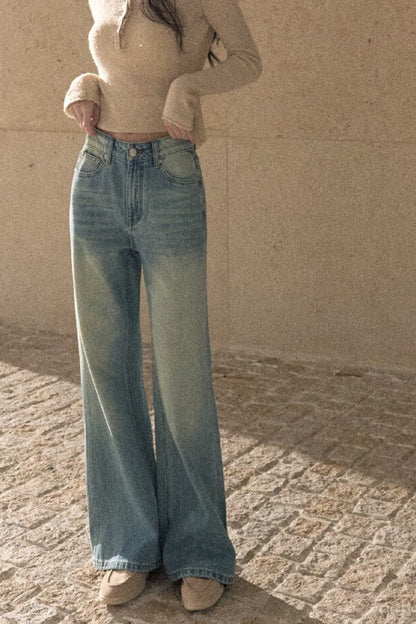 Jeans in denim lavato effetto vintage a gamba dritta