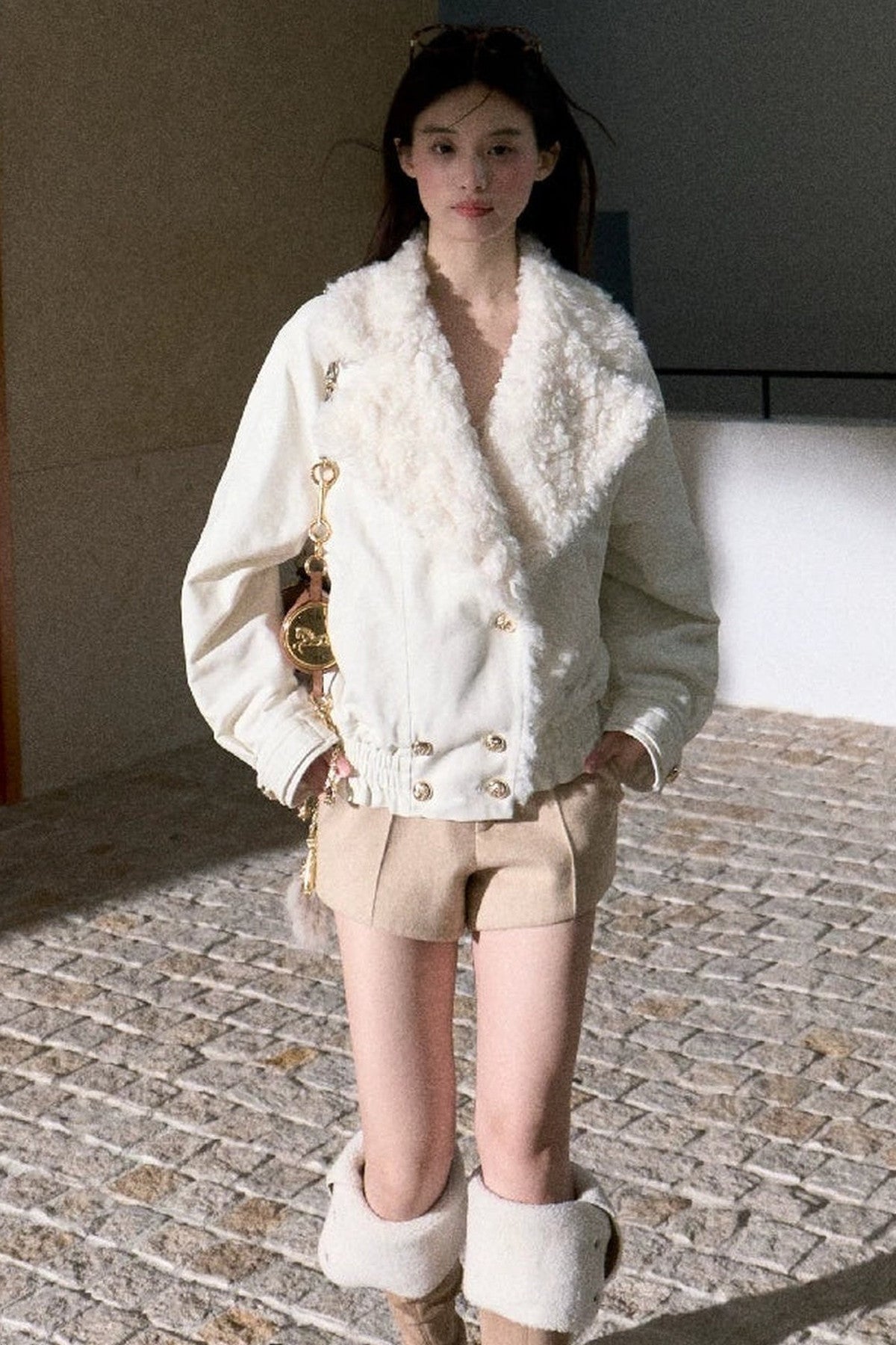 Napoleon Style Curly Fur Lapel Padded Jacket