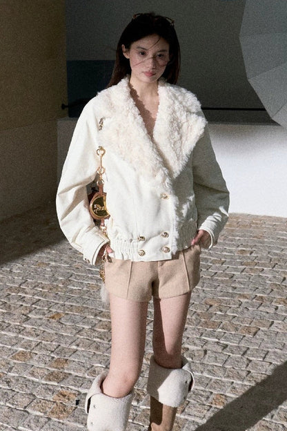 Napoleon Style Curly Fur Lapel Padded Jacket