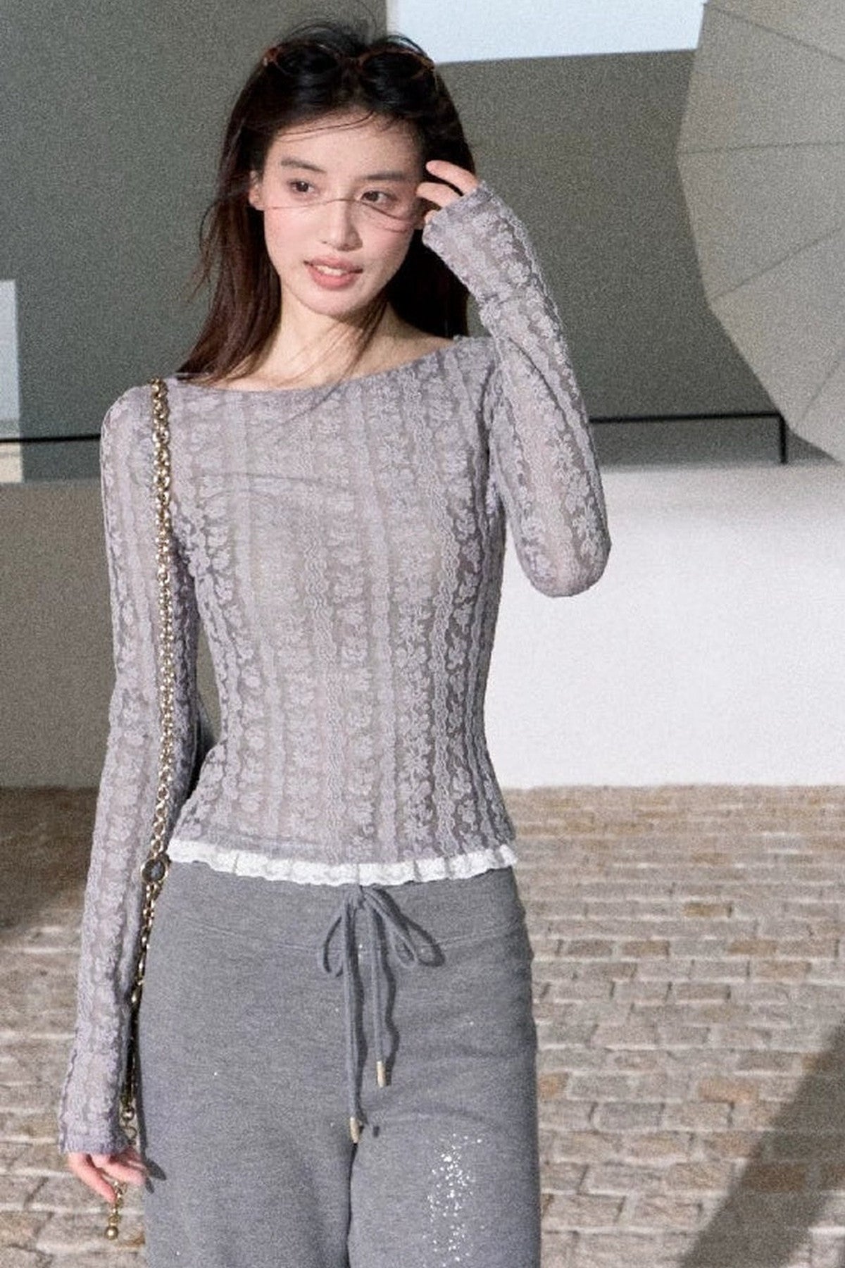 Wool Jacquard Lace Trim Color-Block Knit Top