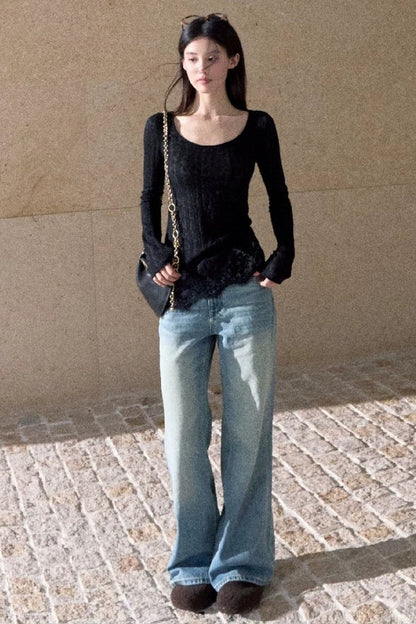 Jacquard Spliced Lace Knit Top